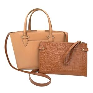 Rachel Roy Beige Genuine Leather Shoulder Bag Camel Handbag Wristlet Attached